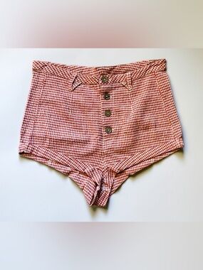 Free People High-Waist Pink Gingham Button-Front Shorts